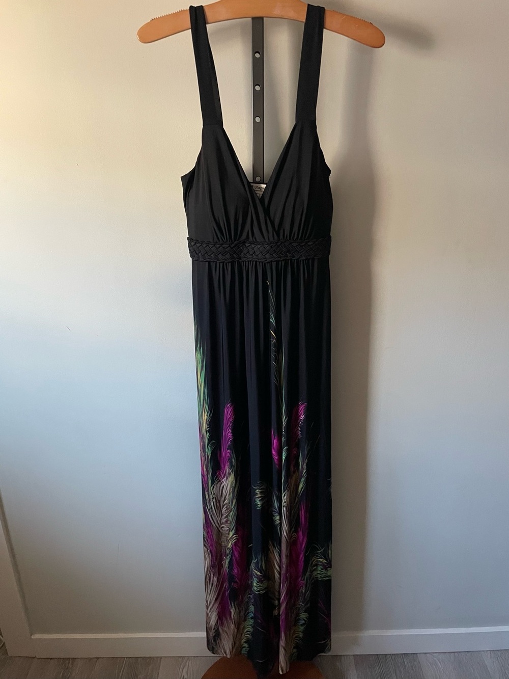 Papillon Feather Print Braided Empire Waist Maxi Dress Size Small